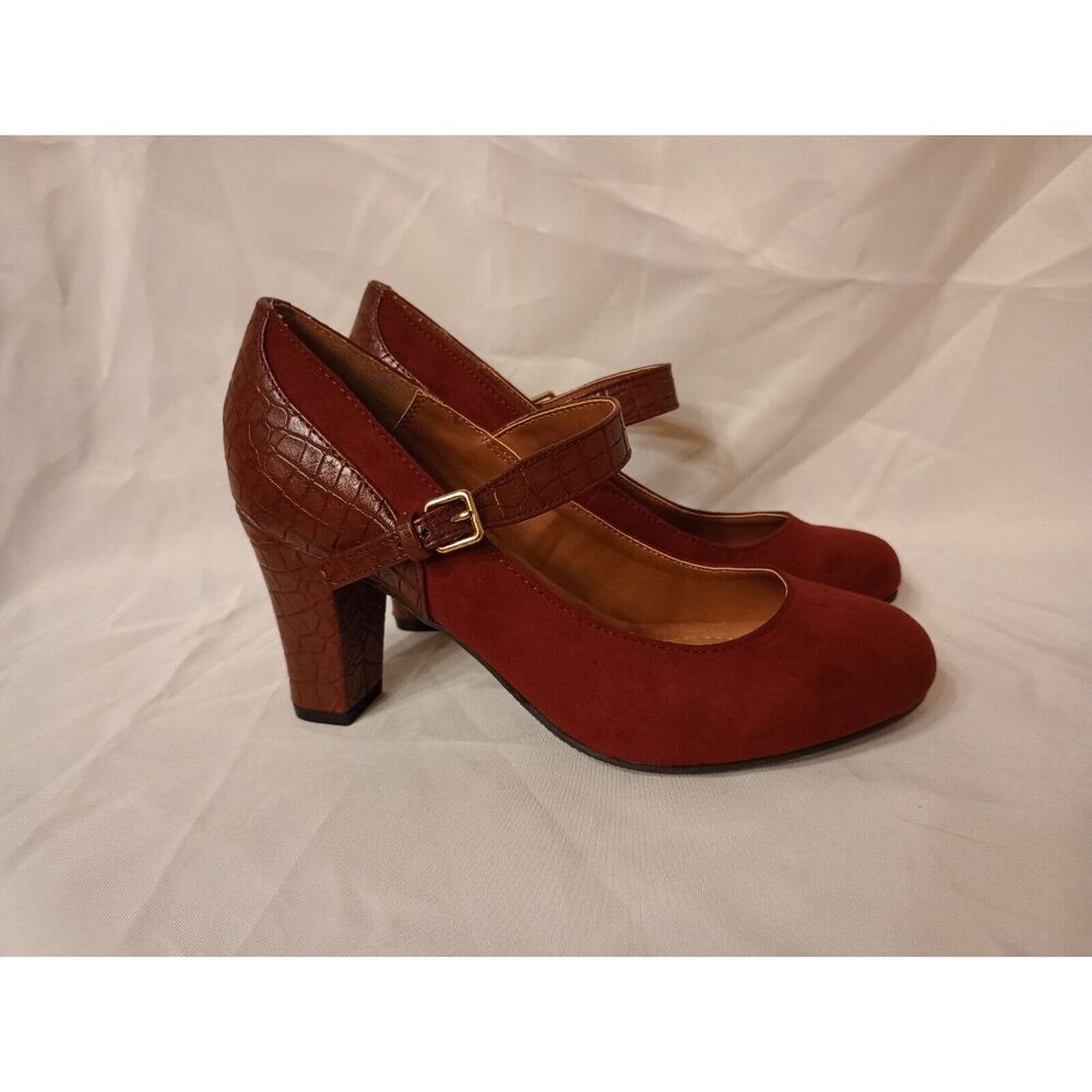 Avon Mary Jane Pumps - Size 6 - Burgundy Suede & Faux Snakeskin